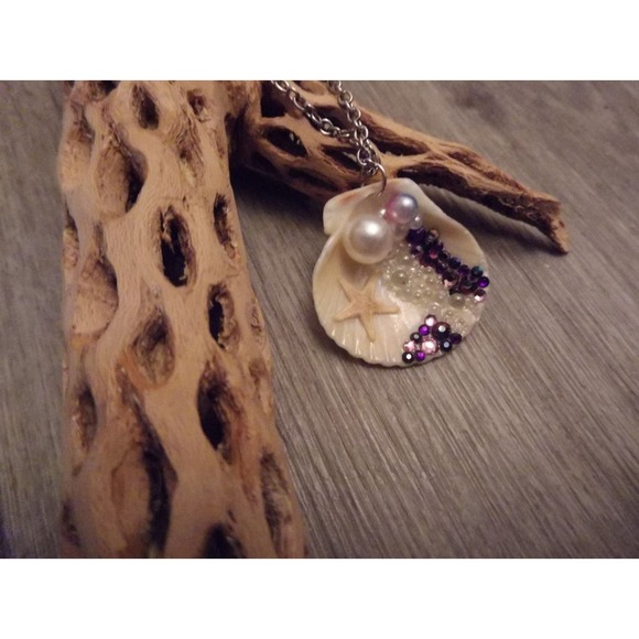 Mermaid Bubble Ariel Real Starfish faux jewels pearls seashell necklace ooak #86 - Picture 5 of 8